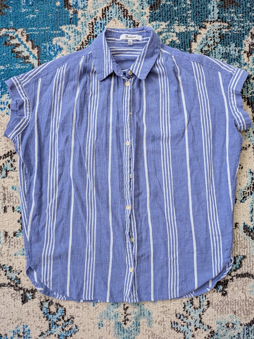 Madewell Blue and White Vertical Stripe Short-Sleeve Button-Down